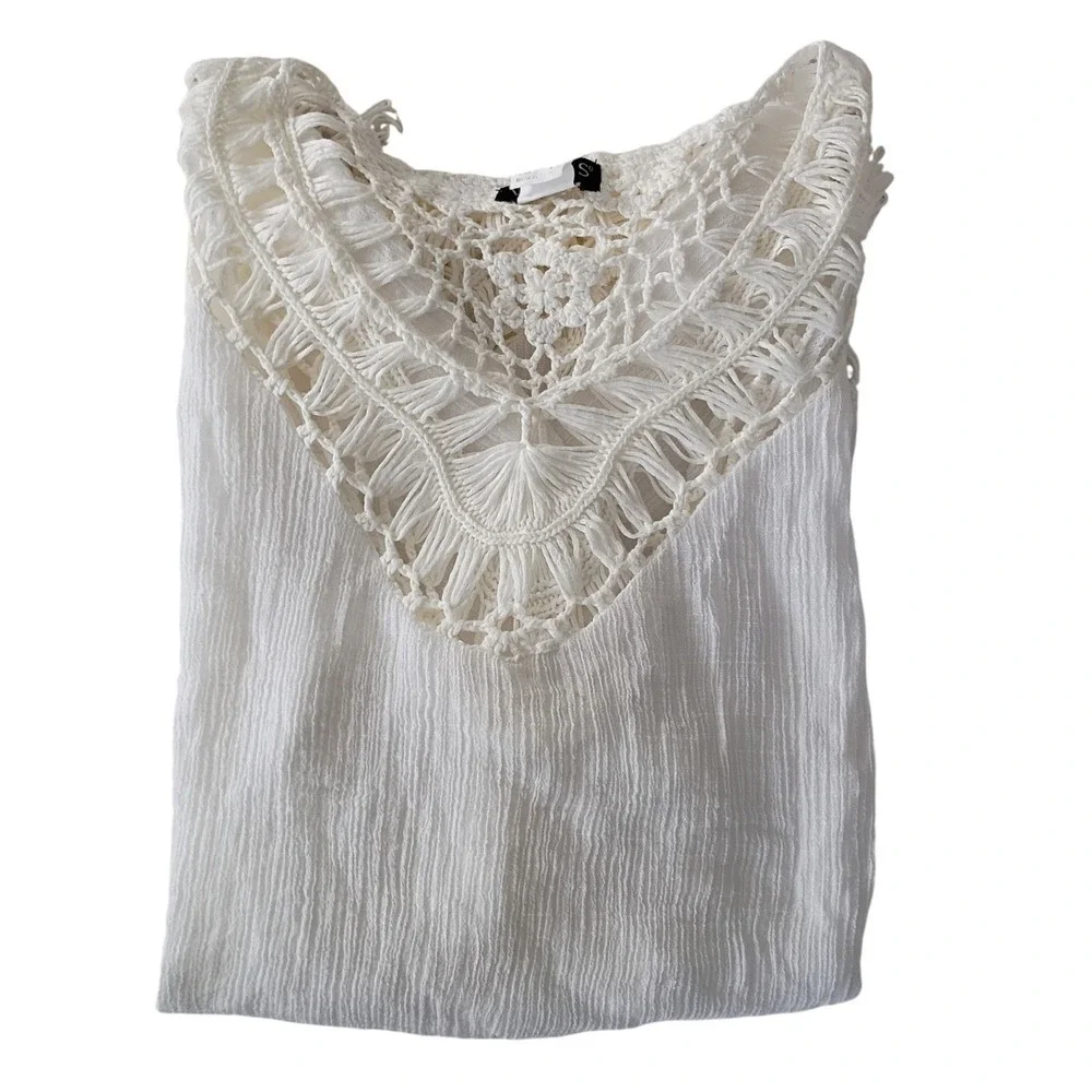 VENUS Made in Italy White Crochet Lace Cotton V Neck Tunic Cover Up Boho L - Picture 5 of 7